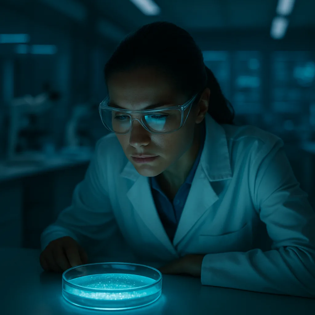 Scientist examining a glowing biological sample in a futuristic medical laboratory