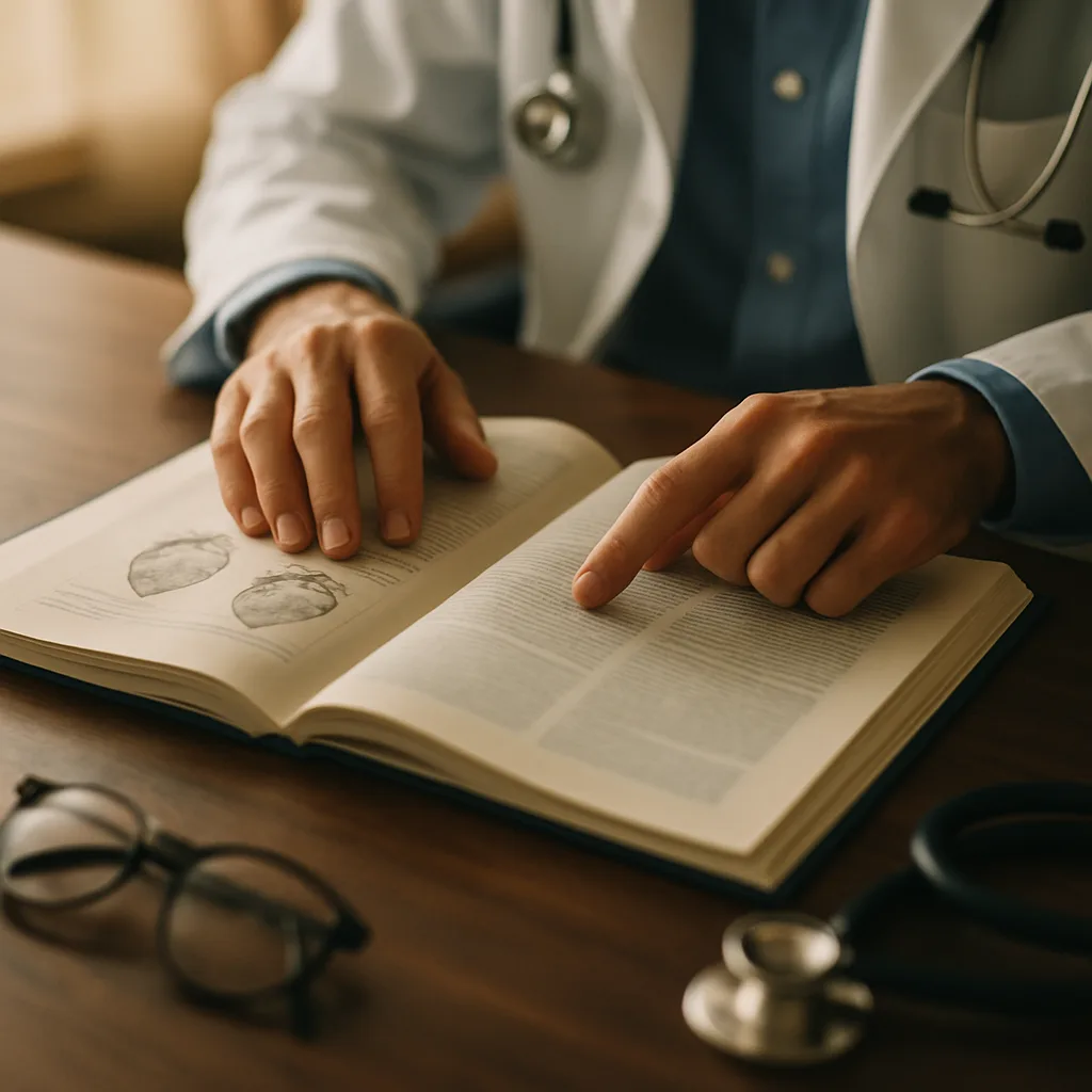 Hands reviewing a medical journal